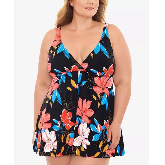 SWIM SOLUTIONS Black Pink Floral Print One Piece Swim Dress 18  $119 - NWT - Picture 1 of 5